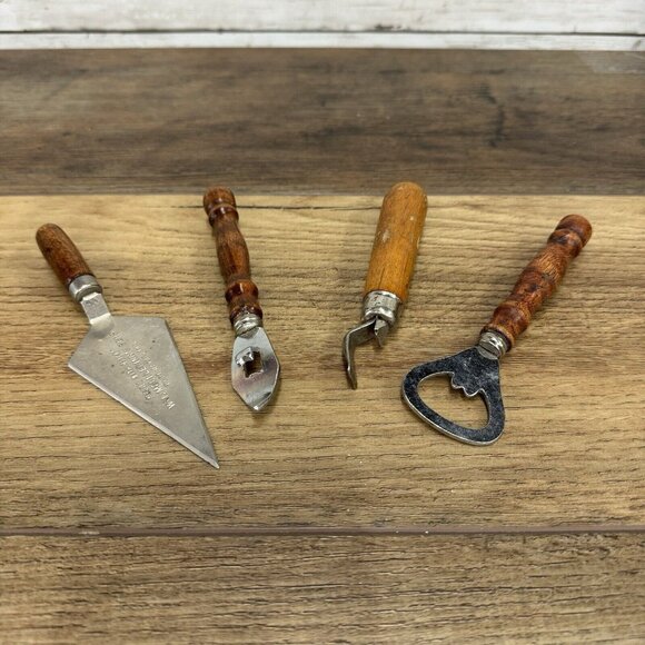 Vintage Can Piercer Bottle Opener Wood Handle Utensils Retro MCM Kitchen Tools - Picture 2 of 4